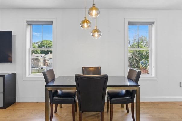 Dining room, Interior, Pendant Lights, Wood Texture Flooring