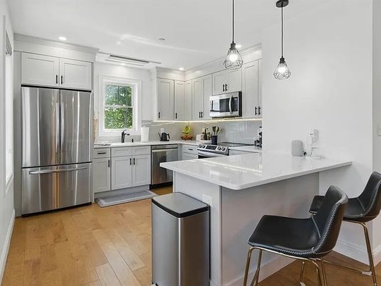 Interior, Kitchen, Pendant Lights, Recessed Lighting, Stainless Steel Appliances, Wood Texture Flooring
