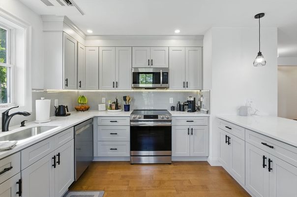 Interior, Kitchen, Pendant Lights, Recessed Lighting, Stainless Steel Appliances, Wood Texture Flooring
