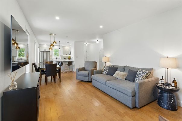 Dining room, Interior, Kitchen, Living room, Pendant Lights, Recessed Lighting, Stainless Steel Appliances, Wood Texture Flooring