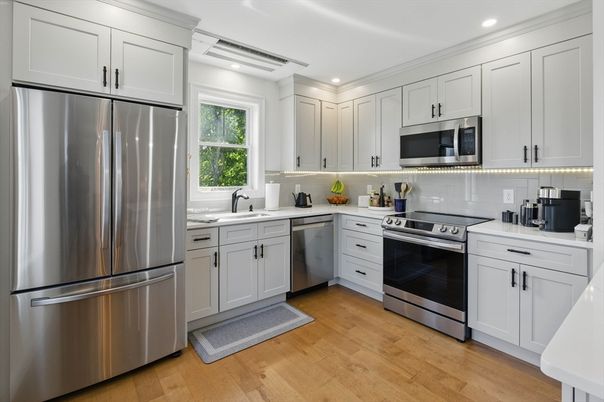 Interior, Kitchen, Recessed Lighting, Stainless Steel Appliances, Wood Texture Flooring
