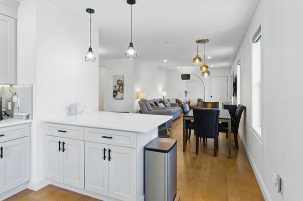 Dining room, Interior, Pendant Lights, Recessed Lighting, Wood Texture Flooring