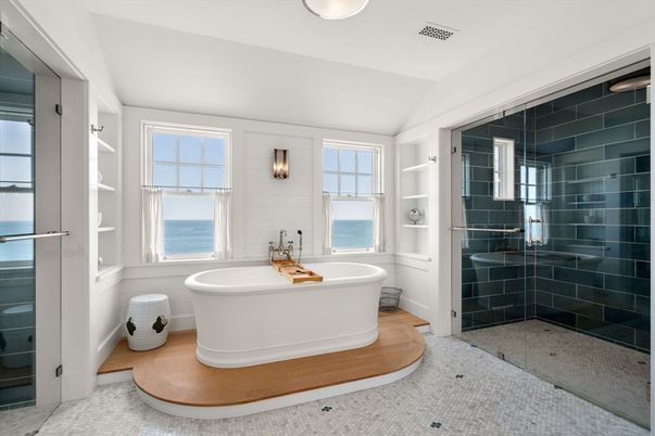 Bathroom, Free Standing Baths, Glass Shower, Interior, Water, Wood Texture Flooring