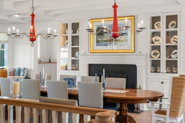 Chandelier, Dining room, Fireplace, Interior
