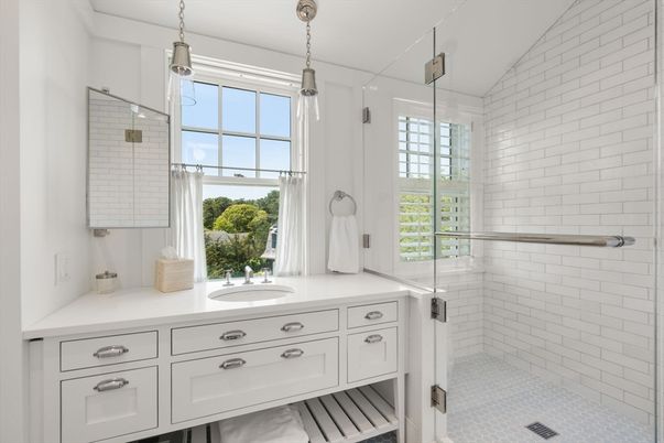 Bathroom, Glass Shower, Interior, Pendant Lights