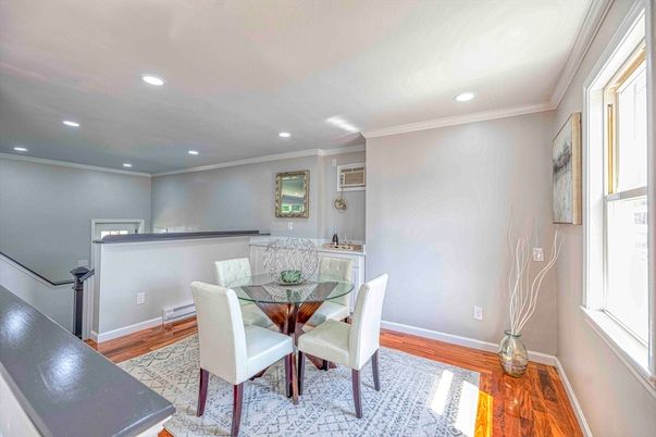 Dining room, Interior, Recessed Lighting, Wood Texture Flooring