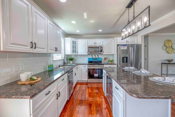 Interior, Kitchen, Pendant Lights, Recessed Lighting, Stainless Steel Appliances, Wood Texture Flooring