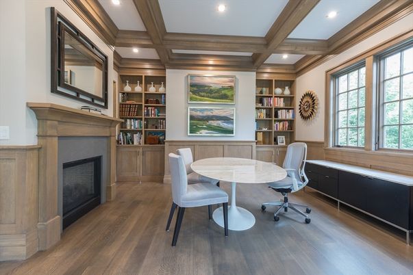 Fireplace, Home Office, Interior, Recessed Lighting, Wooden Beams, Wood Texture Flooring
