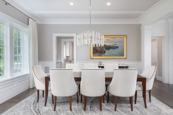 Chandelier, Dining room, Interior, Pendant Lights, Recessed Lighting, Wood Texture Flooring