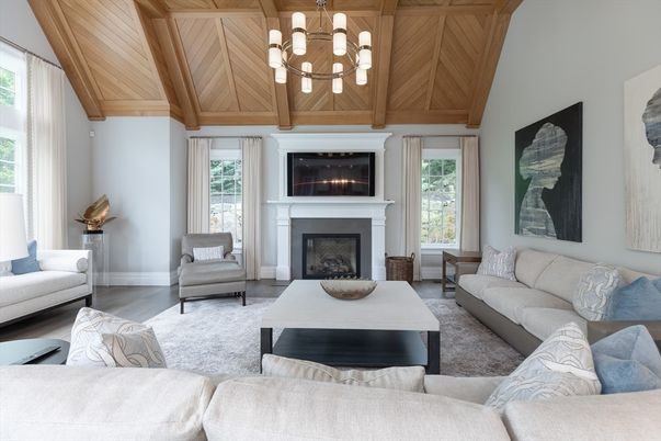 Chandelier, Fireplace, Interior, Living room, Wooden Beams, Wooden Ceilings