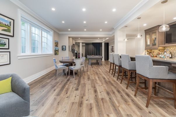 Billiard Table, Dining room, Game Room, Interior, Pendant Lights, Recessed Lighting, Wood Texture Flooring