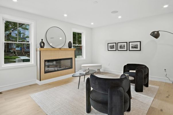 Fireplace, Interior, Recessed Lighting, Wood Texture Flooring