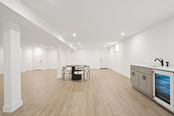 Dining room, Interior, Recessed Lighting, Wood Texture Flooring