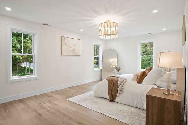 Bedroom, Chandelier, Interior, Recessed Lighting, Wood Texture Flooring