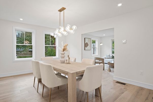 Dining room, Interior, Pendant Lights, Recessed Lighting, Wood Texture Flooring