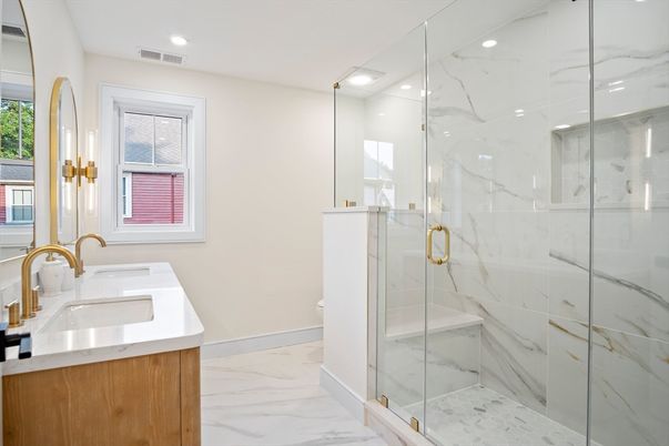 Bathroom, Glass Shower, Interior, Marble, Marble Walls, Recessed Lighting