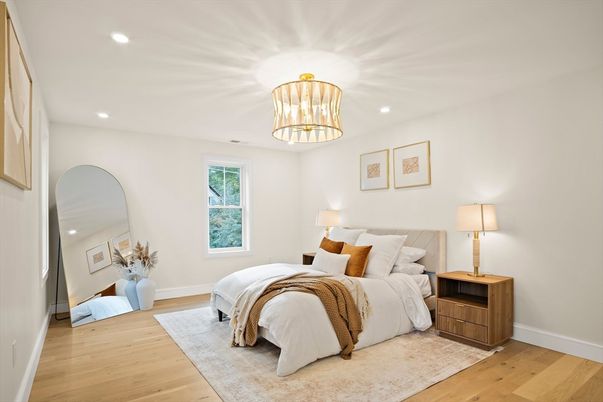 Bedroom, Interior, Recessed Lighting, Wood Texture Flooring