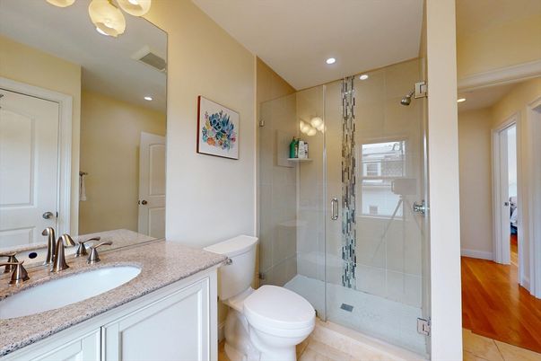 Bathroom, Glass Shower, Interior, Recessed Lighting, Wood Texture Flooring