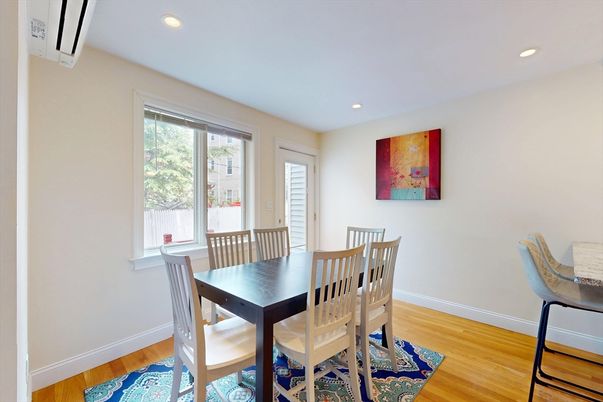 Dining room, Interior, Recessed Lighting, Wood Texture Flooring