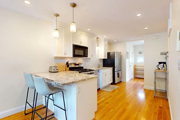 Interior, Kitchen, Pendant Lights, Recessed Lighting, Stainless Steel Appliances, Wood Texture Flooring