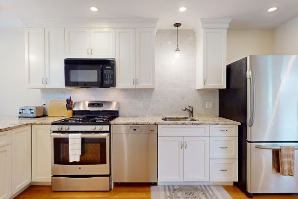 Interior, Kitchen, Pendant Lights, Recessed Lighting, Stainless Steel Appliances, Wood Texture Flooring