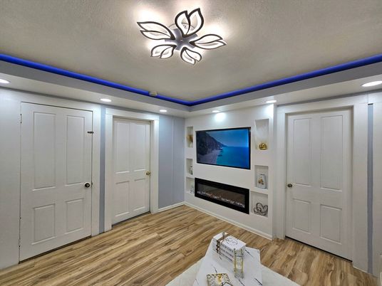 Fireplace, Interior, Recessed Lighting, Wood Texture Flooring