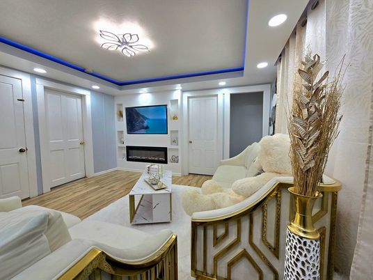 Fireplace, Interior, Living room, Recessed Lighting, Wood Texture Flooring