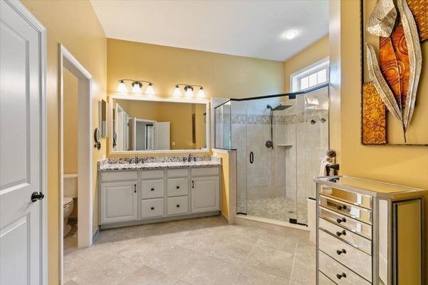 Bathroom, Dual Sink Vanities, Glass Shower, Interior, Recessed Lighting