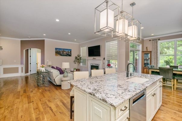 Dining room, Fireplace, Interior, Kitchen, Living room, Pendant Lights, Recessed Lighting, Wood Texture Flooring