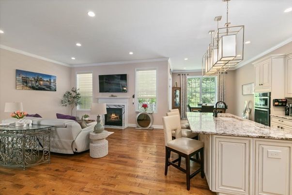 Dining room, Fireplace, Interior, Kitchen, Living room, Pendant Lights, Recessed Lighting, Wood Texture Flooring
