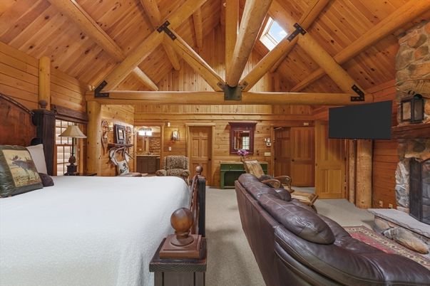 Bedroom, Fireplace, Interior, Wooden Beams, Wooden Ceilings, Wooden Walls