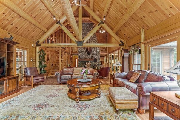 Fireplace, Interior, Living room, Recessed Lighting, Stone Walls, Wooden Beams, Wooden Ceilings, Wood Texture Flooring, Wooden Walls