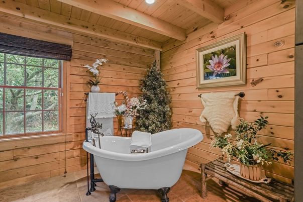 Bathroom, Free Standing Baths, Interior, Recessed Lighting, Wooden Beams, Wooden Ceilings, Wooden Walls