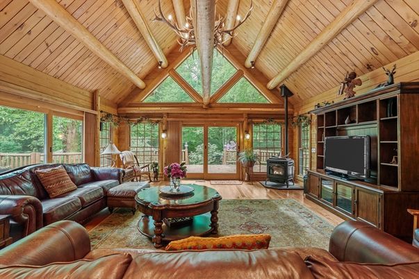 Chandelier, Fireplace, Interior, Living room, Wooden Beams, Wooden Ceilings, Wood Texture Flooring, Wooden Walls