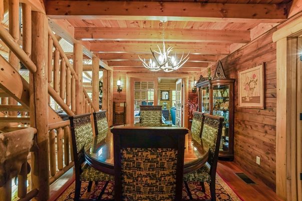 Chandelier, Dining room, Interior, Wooden Beams, Wooden Ceilings, Wood Texture Flooring, Wooden Walls