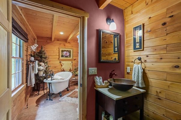 Bathroom, Dual Sink Vanities, Free Standing Baths, Interior, Recessed Lighting, Wooden Beams, Wooden Ceilings, Wooden Walls
