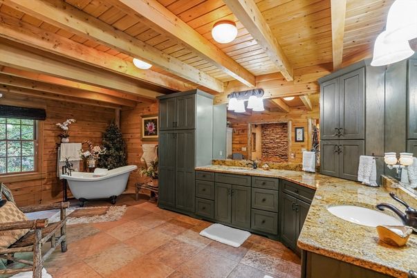 Bathroom, Dual Sink Vanities, Free Standing Baths, Interior, Wooden Beams, Wooden Ceilings, Wooden Walls