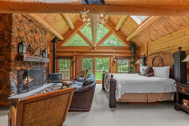 Bedroom, Chandelier, Fireplace, Interior, Stone Walls, Wooden Beams, Wooden Ceilings, Wooden Walls