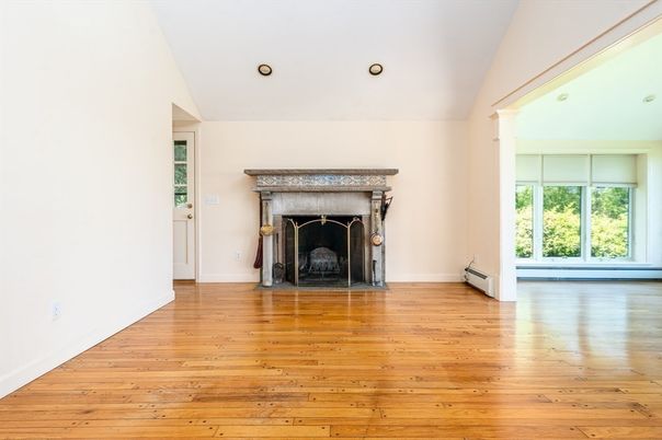Empty room, Fireplace, Interior, Recessed Lighting, Wood Texture Flooring