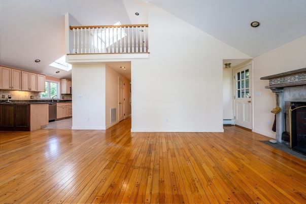 Fireplace, Interior, Kitchen, Recessed Lighting, Wood Texture Flooring