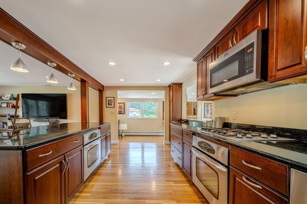 Interior, Kitchen, Pendant Lights, Recessed Lighting, Stainless Steel Appliances, Wood Texture Flooring