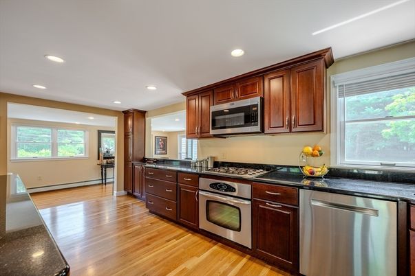 Interior, Kitchen, Recessed Lighting, Stainless Steel Appliances, Wood Texture Flooring