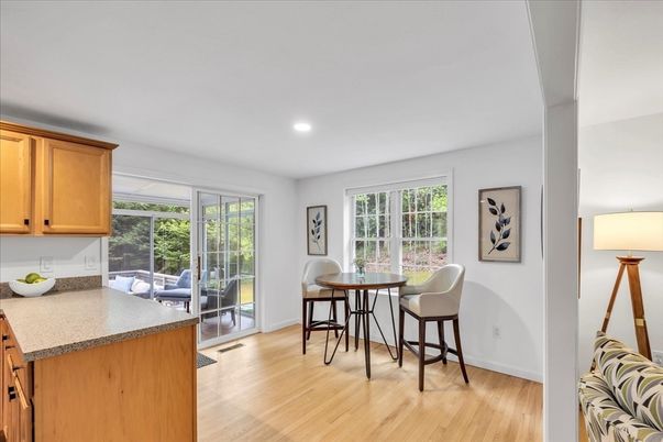 Dining room, Interior, Recessed Lighting, Wood Texture Flooring