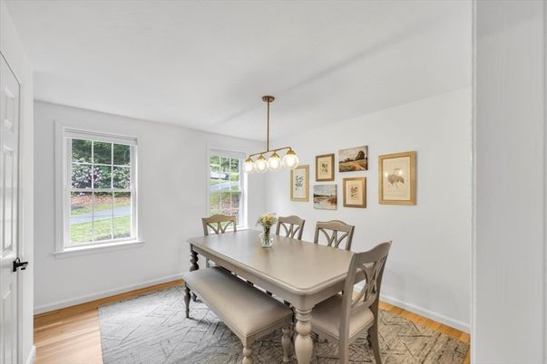 Dining room, Interior, Pendant Lights, Wood Texture Flooring