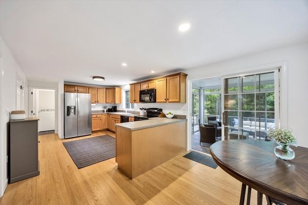 Dining room, Interior, Kitchen, Recessed Lighting, Stainless Steel Appliances, Wood Texture Flooring