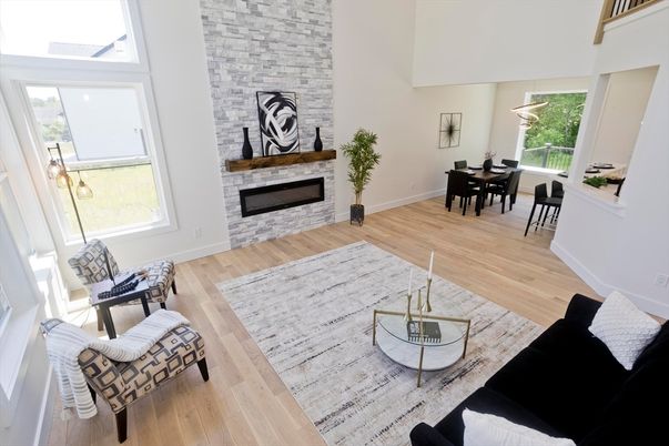 Dining room, Fireplace, Interior, Living room, Stone Walls, Wood Texture Flooring