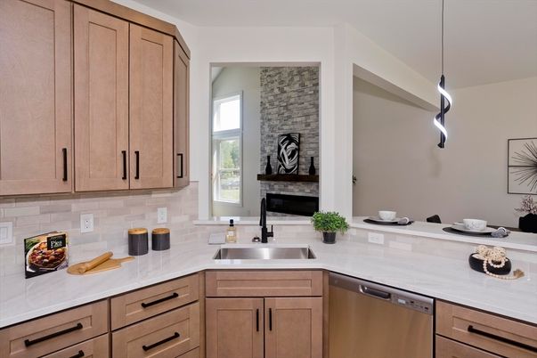Fireplace, Interior, Kitchen, Pendant Lights, Stainless Steel Appliances, Stone Walls