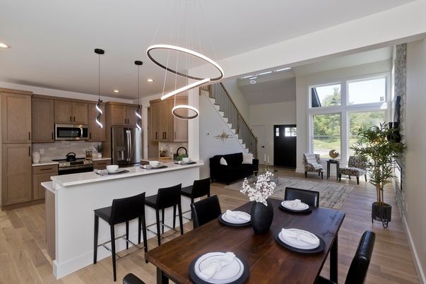 Dining room, Interior, Kitchen, Pendant Lights, Recessed Lighting, Stainless Steel Appliances, Wood Texture Flooring