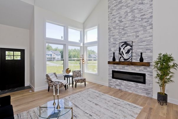 Fireplace, Interior, Stone Walls, Sun Room, Wood Texture Flooring