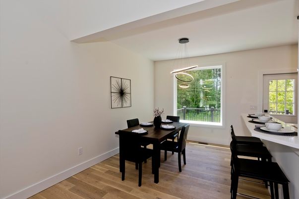 Dining room, Interior, Pendant Lights, Wood Texture Flooring